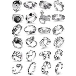Vintage Silver Open Punk Rings for Men Women, 24PCS Adjustable Rings, Alt Rings